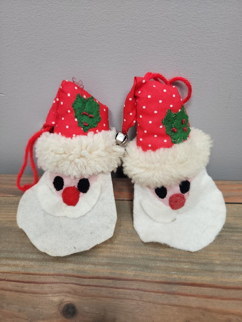 Vintage Felt Handmade Lot Of 2 Santa With Bells 5"